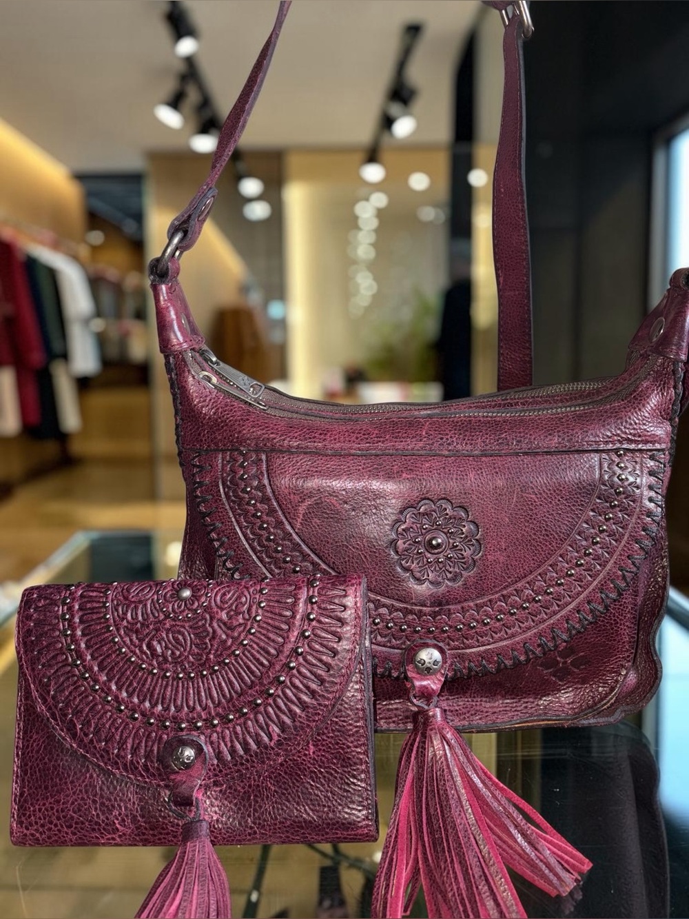 Patricia Nash Burgundy Floral-Embossed Leather Shoulder Bag with Matching Wallet